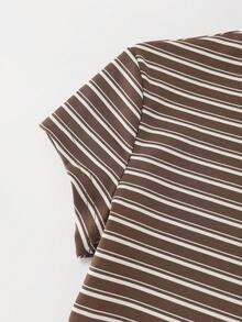 Resyla Women's Striped Round Neck Short Sleeve Cropped Top, Fitted Design, Spring/Summer - Brown - View 4