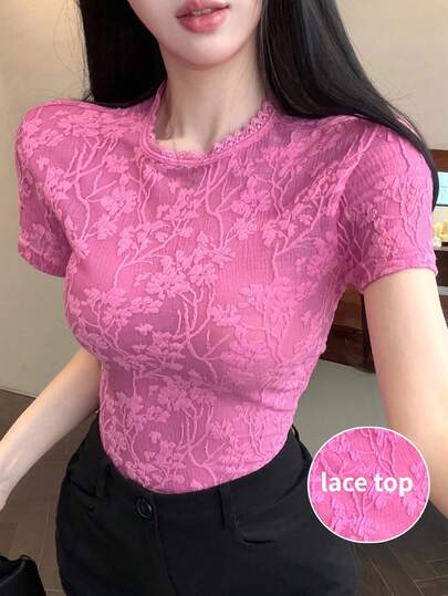 DAZY Blusa de encaje con estampado floral, top corto, adecuado para boda, fiesta, festival de música, camiseta de manga corta ajustada para mujer, primavera/verano