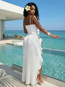 Slaydiva New Early Spring, Spring And Summer Music Festival, Valentine's Day, Easter, Bohemian Style, Nomadic Style, Casual And Simple Basic Style, Cruise Party, Birthday Party, Daily Date, Casual Vacation, Elegant Commuting, Halter, Strapless, Pleated Ruffles, Side High Slit To Thigh Pleated Skirt, White Dress, Long Dress For Women -A - White - View 2