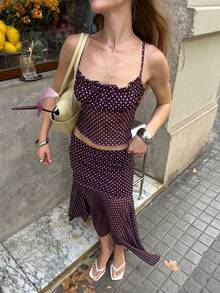 Serisse Women's Polka Dot Camisole And Fitted Skirt 2 Pieces Set, Summer - Red Violet - View 8