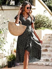 Breezaya Vestido envolvente elegante de mujer con estampado de lunares y mangas con volantes, adecuado para vacaciones - Negro - Ver 5