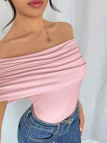 Rafferiza Women's Elegant Off-Shoulder Ruched Hem Bodysuit, Slim Fit - Pink - View 5