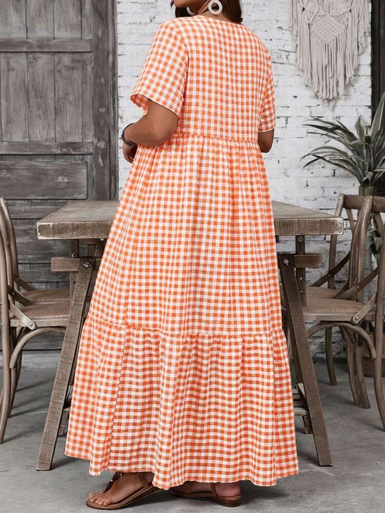 Plus Size Women's Gingham V-Neck Short Sleeve Ruffle Hem Casual Summer Dress, Simple And Fashion Style, Suitable For Summer,Casual Holiday Style, Casual Holiday Outfits, Summer Fashion, Women's Summer Outfits, Mother's Day Outfits, Country Concert Outfits, Women's Boho Outfits, Women's Western Outfits, Women's Holiday Outfits, Women Summer Clothing Women Plus Clothing Business Casual Woman S Summer Clothes Women Plus Clothing Formal