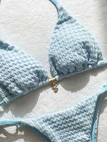 Swim Mod Bộ bikini hai mảnh buộc cổ màu vàng kem trơn dành cho nữ, chất liệu vải jacquard, họa tiết ngôi sao. - Màu xanh lam - Xem 6