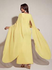 Viva Relle Áo choàng voan thanh lịch, lãng mạn dành cho nữ cỡ lớn, phù hợp với váy dự tiệc cưới, váy dài thướt tha, váy vàng mùa xuân/hè cho nữ, trang phục dạ hội mới nhất, trang phục màu vàng sang trọng cho nữ. - Màu vàng - Xem 2