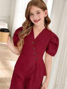 SHEIN 2件組女孩泡泡袖西裝上衣與直筒寬腿褲套裝 - 酒紅色 - 查看 4