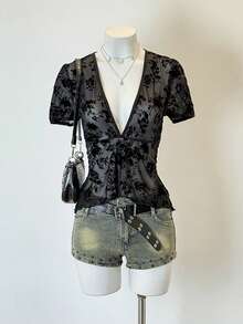 Jeanoix Sheer Sexy Flocked Floral Deep V-Neck Ruched Peplum Hem Women Blouse - Black - View 1