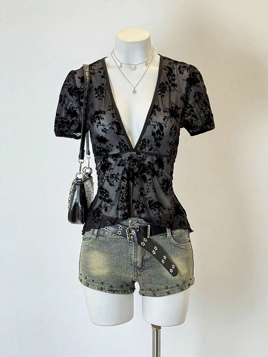 Jeanoix Sheer Sexy Flocked Floral Deep V-Neck Ruched Peplum Hem Women Blouse - Black - View 1