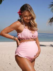 Swim Vcay Pregnant Women's Summer Beach Solid Color Ruched Halter Tie Sexy Bikini Swimwear Set - Pink - View 3