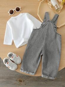 SHEIN Baby Boy White T-Shirt Paired With Denim Overalls, Suitable For Outdoor Play In Spring/Summer - Grey - View 3