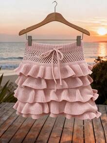 Selianne Falda de punto calada con volantes elegantes y lazo para mujer, primavera/verano - Rosa - Ver 3