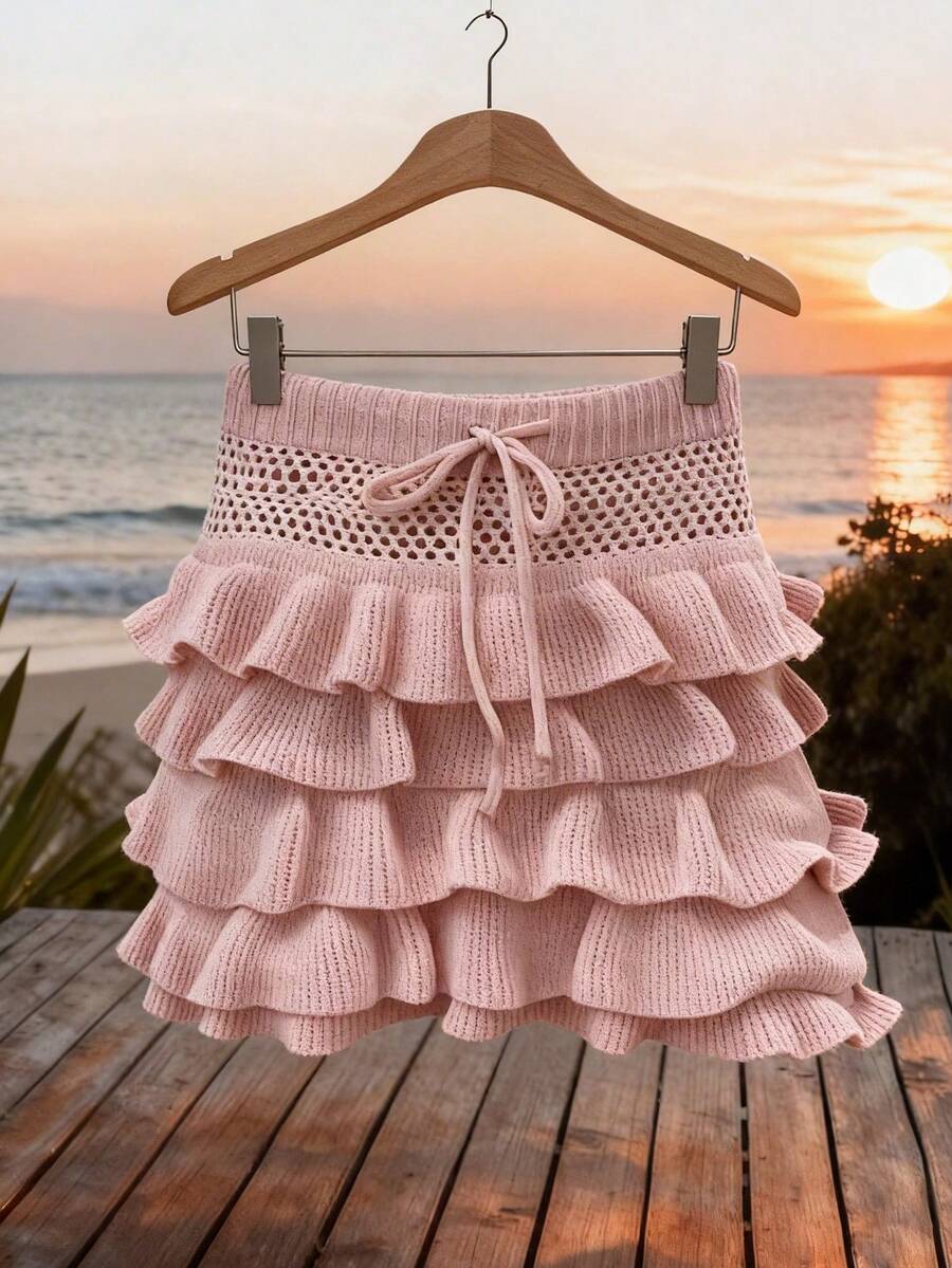 Elegant Frill Trim Tie-Up Women's Hollow Out Knit Skirt, Spring/Summer - Pink - View 1