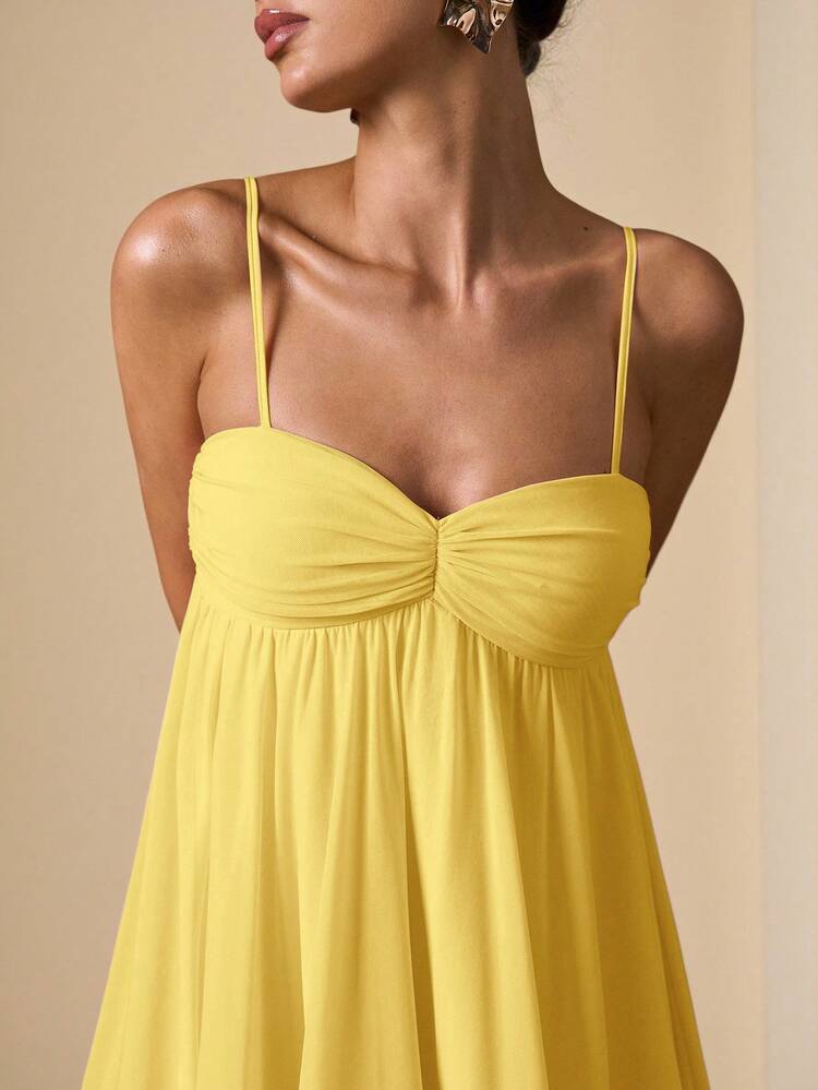 SHEIN BAE Abito corto elegante e dolce di colore rosa, con spalline sottili e senza maniche, adatto per appuntamenti romantici, feste, occasioni formali, abiti da damigella, abiti estivi da donna, abiti da tea festa, Capodanno, San Valentino, compleanno, abito casual estivo - Giallo - Visualizzare 7