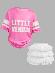 少女粉色极简字母印花蛋糕裙短裤两件套，休闲时尚百搭街头风 - 粉色 - 查看 12