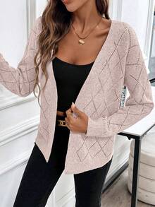 EMERY ROSE Casual Comfortable Hollow Diamond Pattern Cardigan For Women - Dusty Pink - View 6