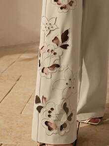 Anewsta Women's Elegant Elastic Waist Embroidered Hollow Out Embroidered Patch Straight Leg Pants, Suitable For Formal Occasions - Apricot - View 1