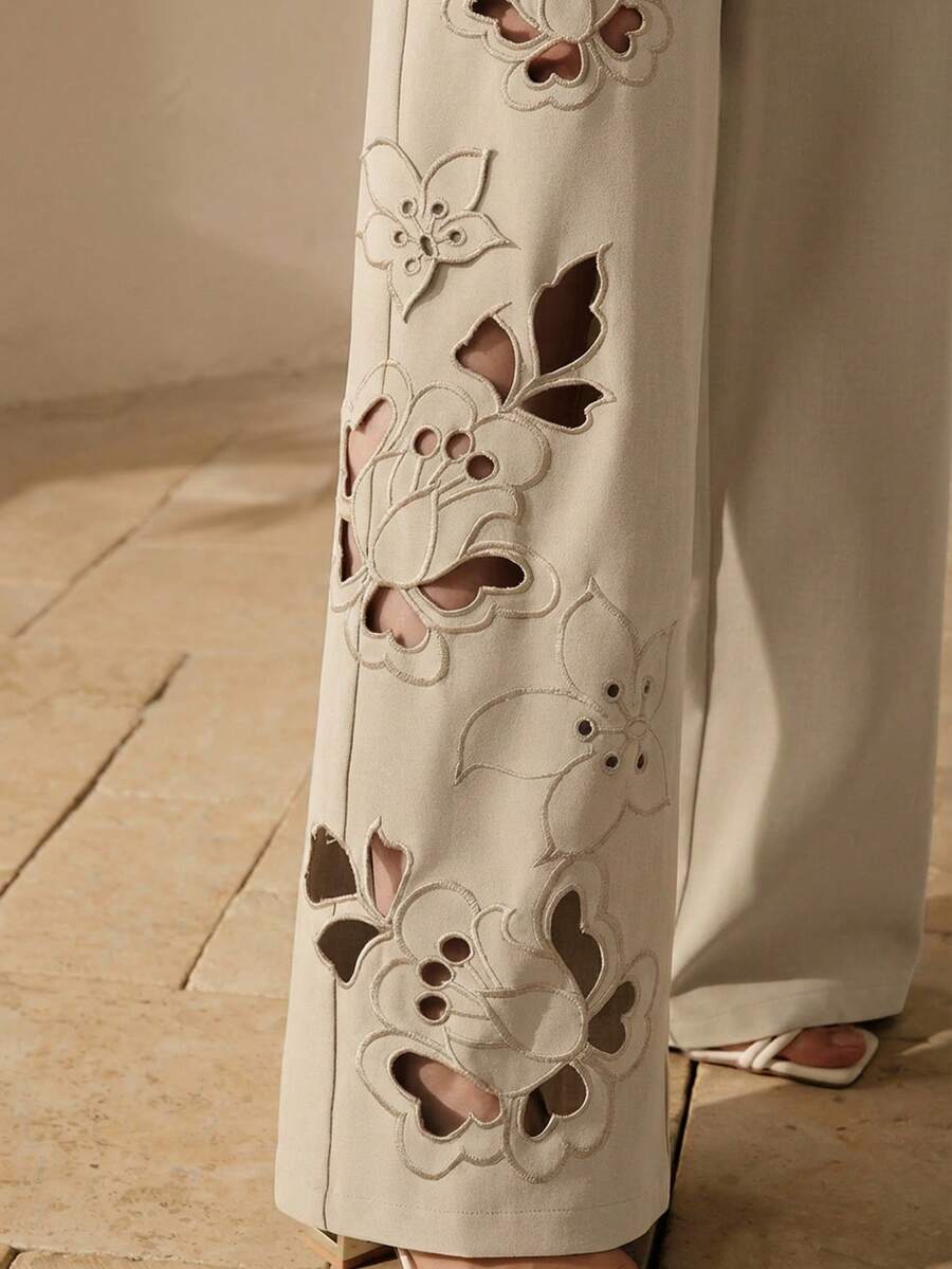 Anewsta Women's Elegant Elastic Waist Embroidered Hollow Out Embroidered Patch Straight Leg Pants, Suitable For Formal Occasions - Apricot - View 1