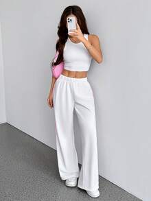SHEIN PETITE Women's White Striped Knitted Sweatpants Extra Long Straight Leg Pink Side Stripe Loose Fit Casual Track Pants For Everyday Wear White Beach Pants White Wide Leg Pants Women Wide Pants Wide Leg Summer Pants Pants Women White Track Pants Women - White - View 6