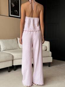 Livesso 2pcs/Set Women's Casual Sleeveless V-Neck Ruffle Camisole Top And Plaid Pants, Suitable For Easter Party, Summer Holiday - Pink - View 2