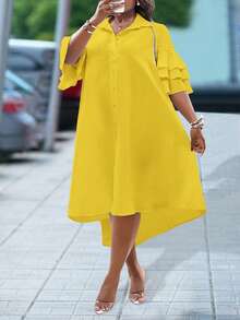 SHEIN Slayr 2025新款锐舞/复活节服装，复古富豪风，乡村音乐会服装，外出服装，仙女风，音乐节服装，热带度假女装，适合白色春夏，女士夏季服装，夏季，锐舞，欧洲夏季，春季服装，大码女士西式服装，音乐会，毕业典礼服装，日常通勤百搭设计，女士商务休闲装，简约休闲基础款沙滩短袖荷叶边衬衫，娃娃裙，不对称下摆中长连衣裙，长款连衣裙 - 黃色 - 查看 3