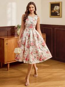 Vintamour 复古优雅女士连衣裙，提花面料，适合假日派对、庆典、夏季等场合，包括春季连衣裙、复活节连衣裙、节日服装、优雅派对连衣裙、派对礼服、婚礼宾客连衣裙、毕业礼服、乡村风碎花连衣裙等。 - 杏色 - 查看 8