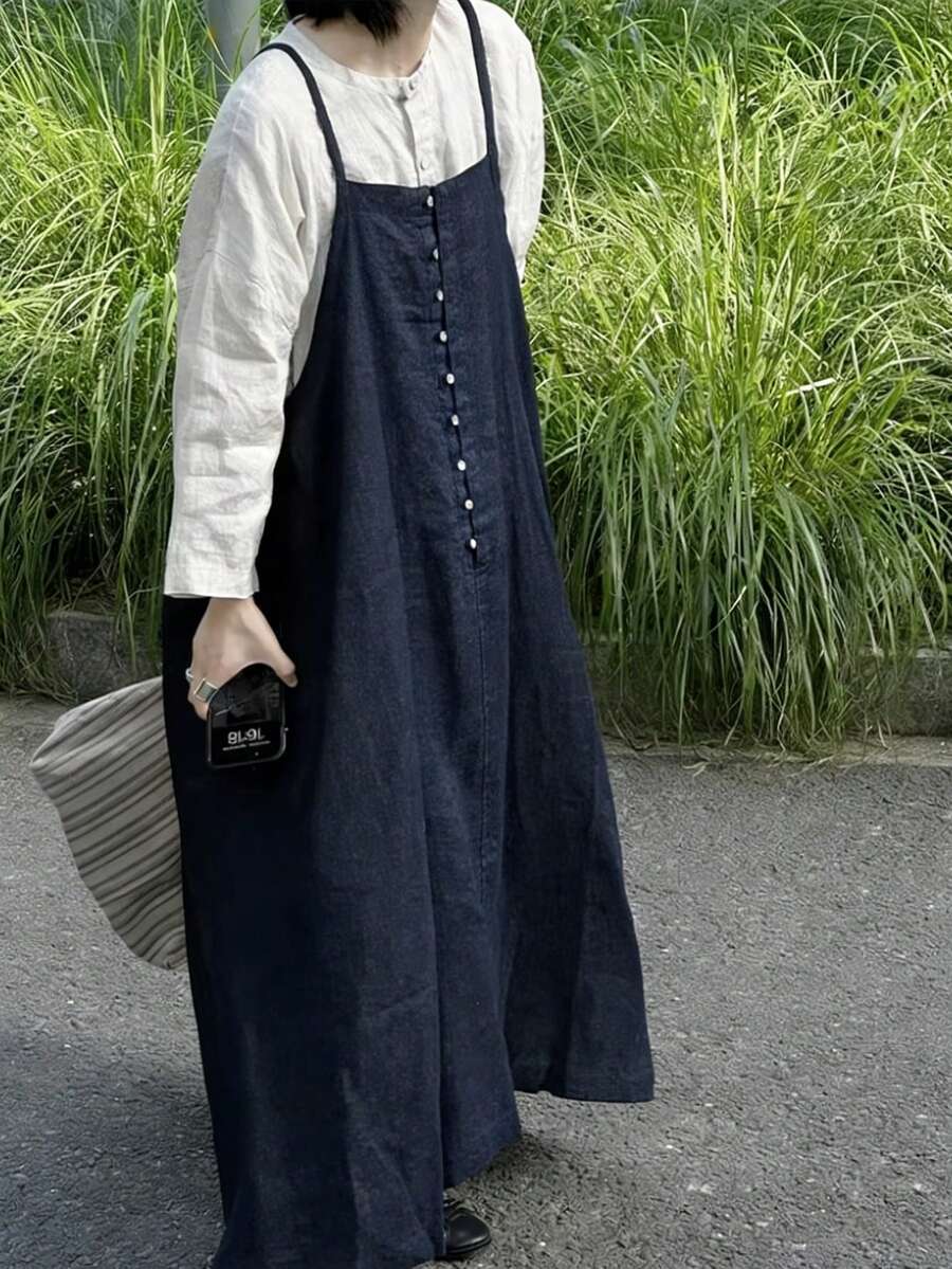 FRIFUL 女士纯色纽扣装饰休闲牛仔吊带裙 - 深色水洗藍 - 查看 1