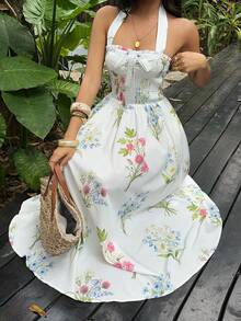 Sunnyshic Spring & Summer Ruched Floral Vacation Style Spaghetti Strap Bustier Dress, Botanical Print Lace Bow Tie Waist Slimming Dress - White - View 3