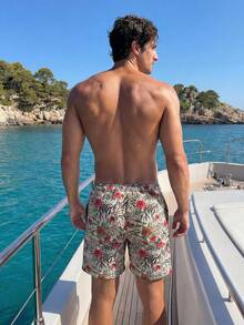 Manfinity Swimmode 男士斑马纹印花抽绳腰休闲沙滩短裤 - 卡其色 - 查看 5