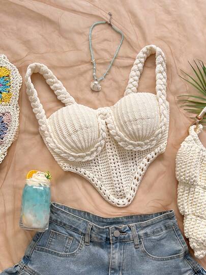 Soleia 春夏新款休闲度假西部海滩婚礼宾客着装毕业早午餐套装，圣帕特里克节春假复活节音乐节优雅波西米亚热带风情象牙色编织绳饰纹理高弹针织女式上衣