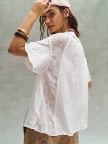 Bohemela Áo thun nữ dáng rộng tay ngắn, cổ tròn, màu trơn, phối ren, kiểu dáng thường ngày. - trắng - Xem 8