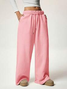SHEIN Forever 21 Pantalones de chándal de cintura alta, elásticos y de pierna ancha, con forro térmico y grueso, de corte holgado y casual, para otoño/invierno - Rosa - Ver 5