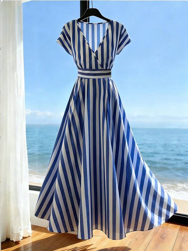SHEIN Franclia Vestido de mujer elegante y casual de primavera/verano con cuello en V, línea A y mangas cortas a rayas