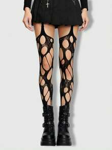 ROMWE Goth Medias negras de red sexy y rasgadas para mujer - Cueva negra - Ver 3