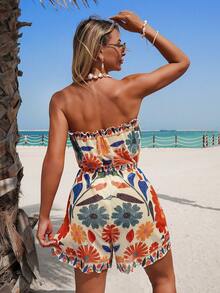 Swim Vcay Summer New Women's Swimsuit Cover-Up, Multi-Color Printed Ruffled Waist Romper For Vacation - Multicolor - View 2