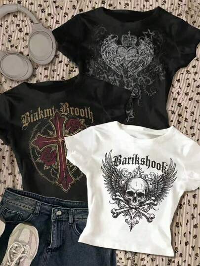 3pcs/Set Teen Girls' Wing & Cross Print Cropped Short Sleeve T-Shirts, Casual & Comfortable For Spring/Summer, Suitable For Outdoor, Sports, Photography, Home, School, Festivals, Gifts