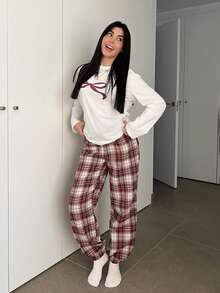 Hitanina Women's Casual Daily Home Christmas Solid Color Round Neck Long Sleeve Bow Print & Red Plaid Drawstring Pants 2-Piece Pajama Set, Autumn/Winter - Red and White - View 4