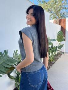 Hitanina Elegant High Neck Loose Casual Versatile Sleeveless Knit Sweater Vest In Fall/Winter - Dark Grey - View 2