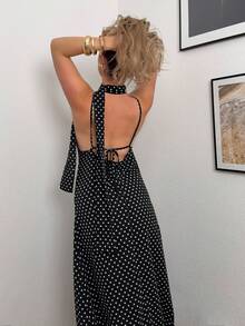 Jeta Ari 女士优雅性感波尔卡圆点印花露背吊带连衣裙 - 黑色 - 查看 2