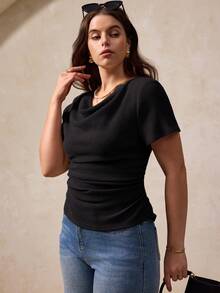 Elegantrix Áo thun nữ cỡ lớn tay ngắn cổ xếp ly dáng rộng kiểu Pháp, thích hợp cho mùa xuân/hè. - màu đen - Xem 3