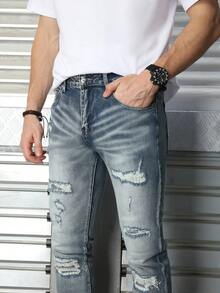 Logeqi® Jeans Rectos de estilo Rockero Vaqueros Lavados Rectos desgastados Casual Formal con Bolsos De Hombre - Azul - Ver 10