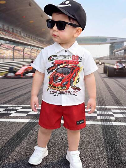 SHEIN 2件套男婴可爱街头时尚休闲赛车图案短袖衬衫和短裤套装，夏季