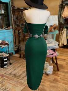 INAWLY Đầm quây màu trơn thời trang dành cho nữ - Màu xanh lá cây đậm - Xem 2