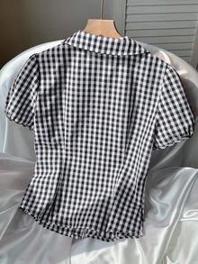 CovetEZ 女士夏季休闲度假黑白格子短袖单排扣翻领腰部休闲衬衫 - 黑色 - 查看 3