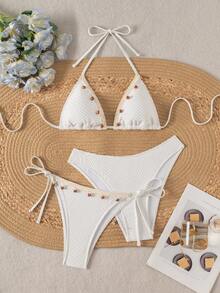 SHEIN Swim 3pcs Women's White Summer Casual Vacation Holiday Pool Party Knit Halter Neck Backless Tie Top,Knotted Triangle Bikini Set,Elegant Swimwear - White - View 1