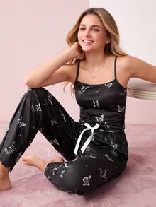 Butterfly Printed Spaghetti Strap Top & Pants Pajama Set - Black - View 8