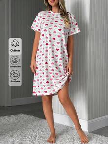 SHEIN Cotton Line 女士爱心蝴蝶结印花休闲舒适圆领短袖睡衣 - 彩色 - 查看 3
