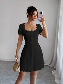 SHEIN Raffinéa Đầm nữ thanh lịch màu trơn cài nút phía trước - màu đen - Xem 1