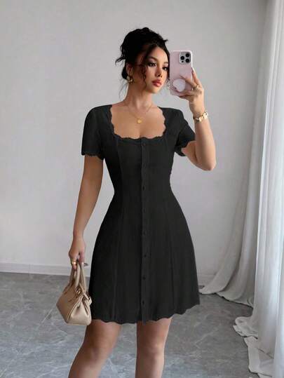 Rafferiza 女士优雅纯色纽扣前开连衣裙