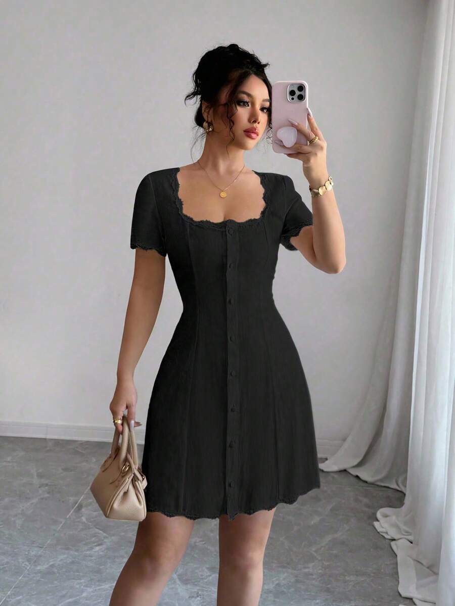 SHEIN Raffinéa Đầm nữ thanh lịch màu trơn cài nút phía trước - màu đen - Xem 1