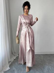 Elenzga Đầm maxi dài tay dáng chữ A màu trơn, chất liệu ánh kim, cổ tròn, thắt eo chéo, chất liệu vải ánh kim, dành cho nữ, thích hợp mặc đi làm, đi nghỉ mát, dự tiệc trà chiều. Đầm thanh lịch, đầm cổ điển, đầm dài tay dự tiệc, đầm dài dự đám cưới cho nữ. - Màu Hồng baby - Xem 5
